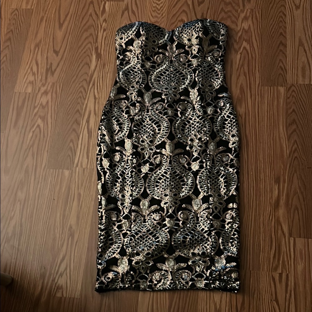 fab'rik Strapless Black and Gold Dress